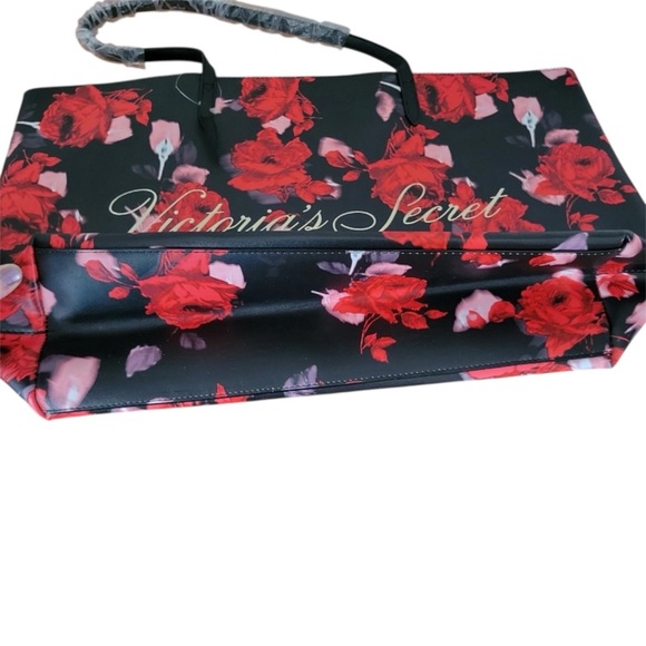 Victoria's Secret Black Floral Red Rose Tote Bag Vegan Limited Edition 2019 New - Picture 4 of 5
